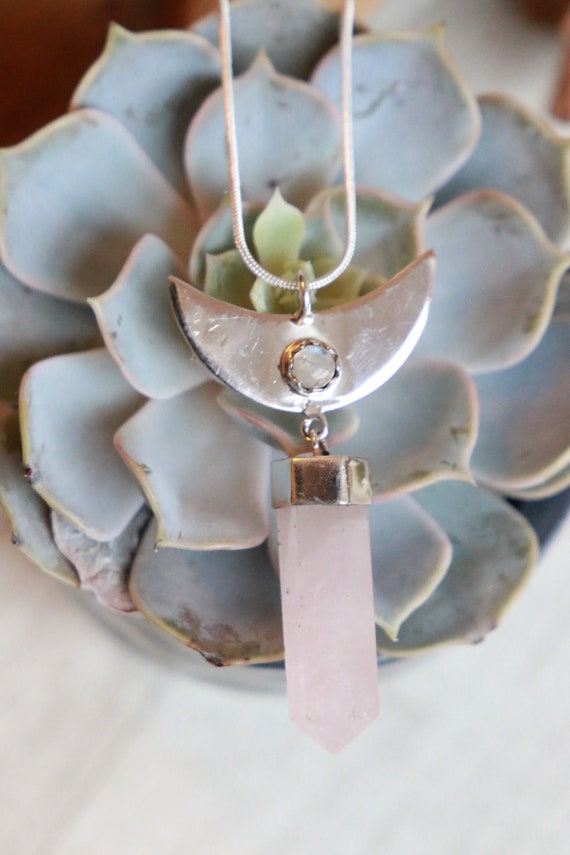 LABRADORITE & ROSE QUARTZ - Sterling Silver Moon Necklace - Crystal Gift - Healing Crystal - Statement - Gemstone Reiki Necklace - Moonstone