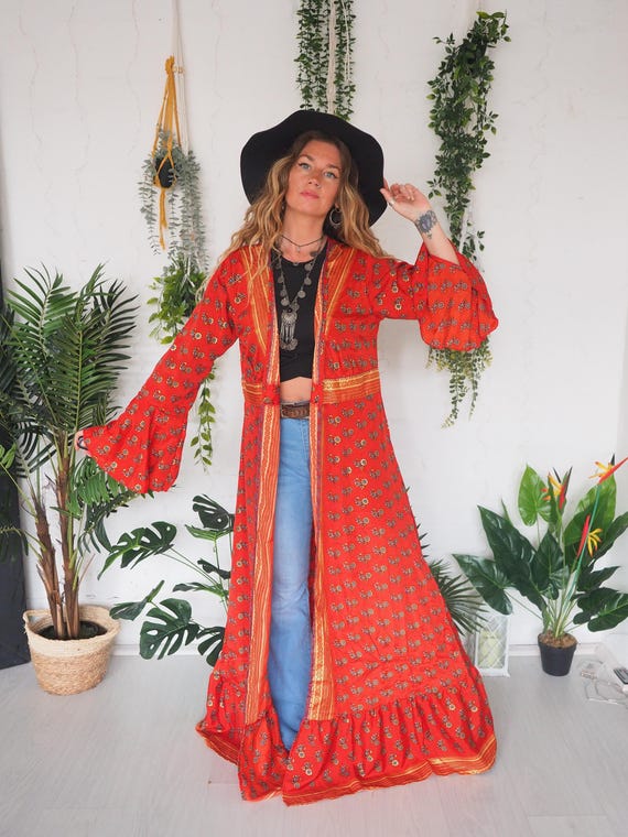 RED GOLD KIMONO - Frill Bell sleeve Jacket - 1970's vintage Silk - Stevie Nicks  - 1960's 1970's Psychedelic Jacket - Festival Bohemian