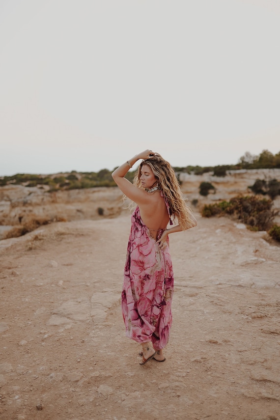 PINK GOLD JUMPSUIT - Vintage Gold print silk - Romper Suit - Playsuit with pockets - Harem - Hippie Dungarees - Winter Jumpsuit - Backless