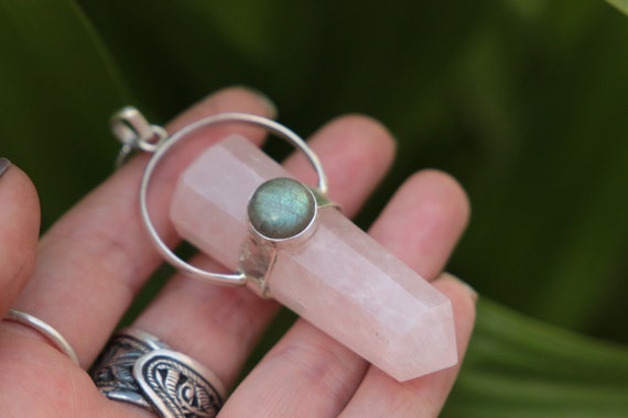 ROSE QUARTZ NECKLACE - Sterling silver - Labradorite - Crystal Wand - Love Stone - Chakra - Dowsing - Bohemian - Spiritual - Reiki - Yoga