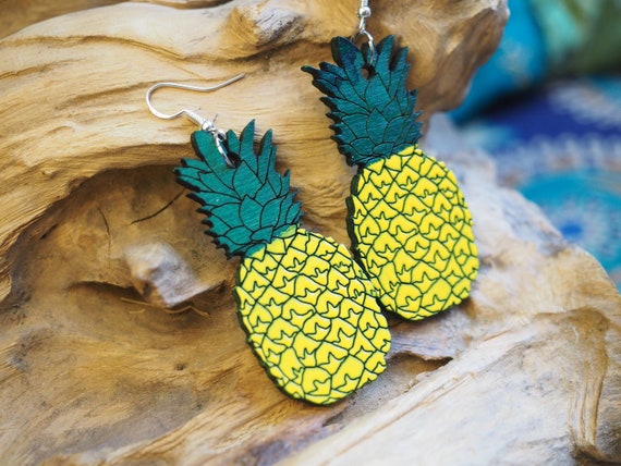 STATEMENT PINAPPLE EARRINGS - Summer - Flower Power - Daisy - Hope Symbol - Hand painted - Reclaimed wood earrings - Laser cut - Eco Gift