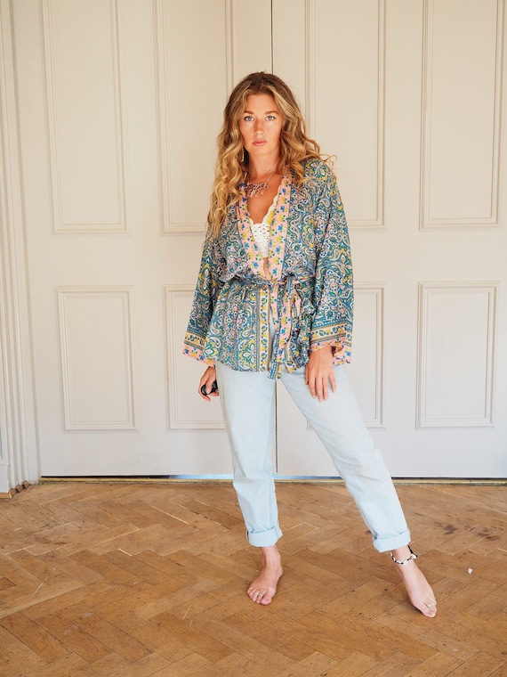 DISTY PRINT CROP - Bohemian Silk Crop Kimono - Lightweight Jacket - Summer Kaftan - Vintage Boho Top - Dressing Gown - House coat - Lounge