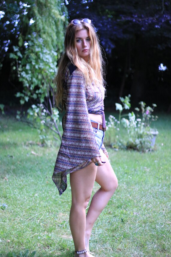 AZTEC CROP TOP - Bell sleeve top - Silk Top - Vintage - Festival Fashion - Retro - 70s - Tie Top - Cape - Kimono - Bespoke - Crop top