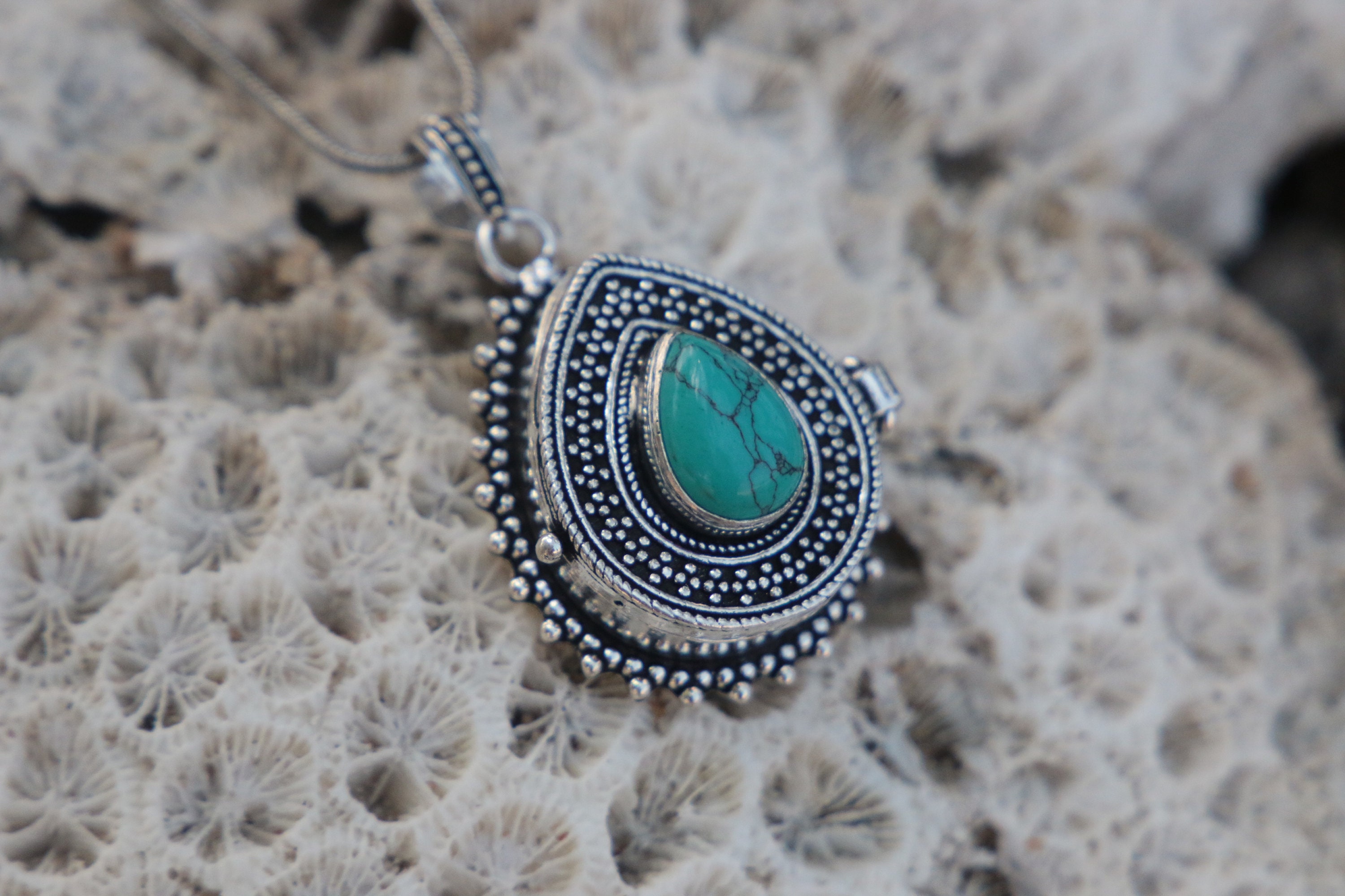 TURQUOISE VINTAGE LOCKET Pill box Silver plated Mantra Box Crystal Gemstone Stash box Necklace Festival Perfume Sale