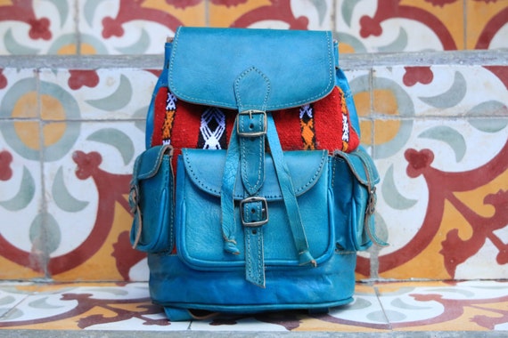 GREEN VINTAGE RUCKSACK - Small Leather Bag - 70's rucksack - Bohemian - Moroccan - Vintage Carpet - Fabric Bag - Student Backpack - Travel