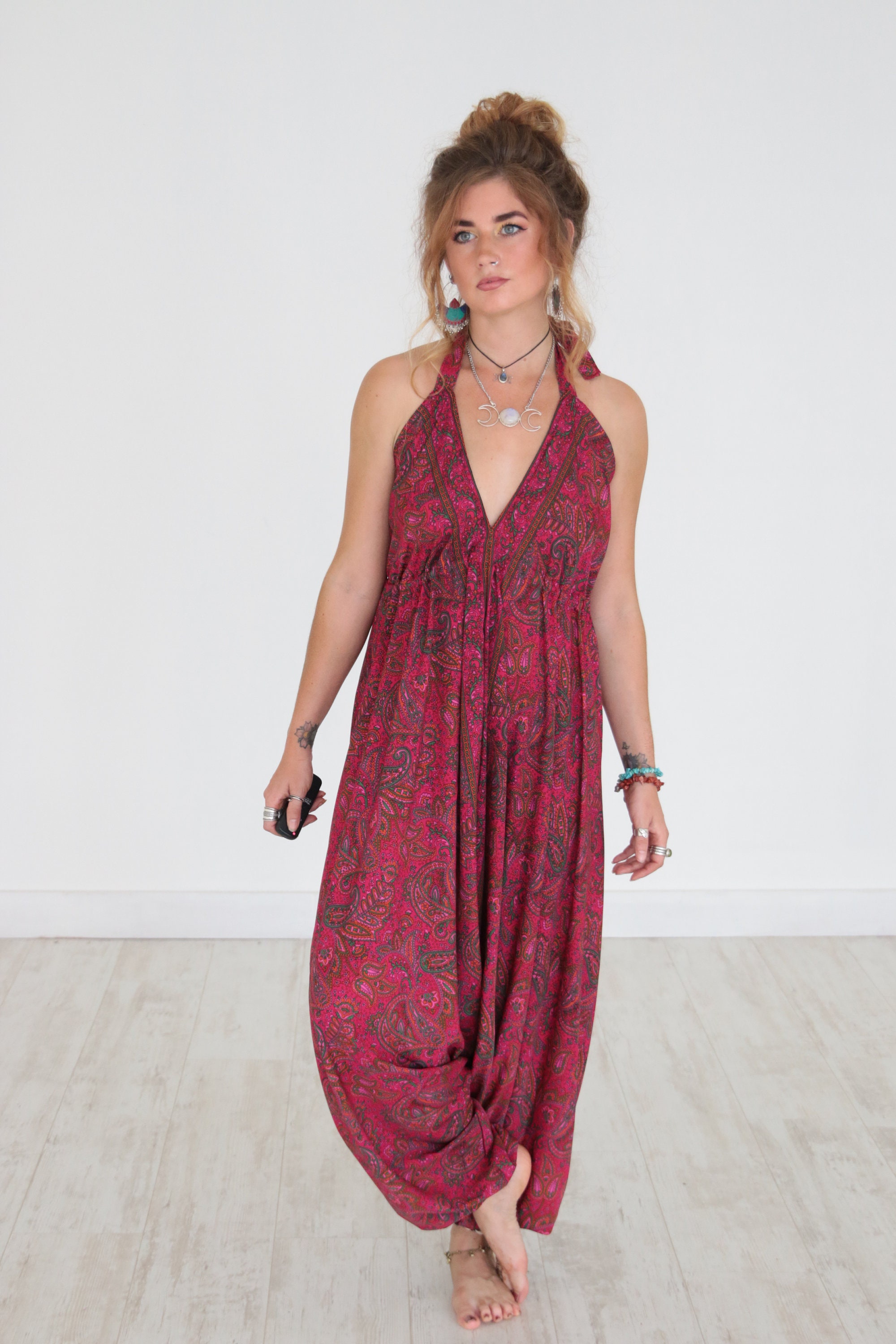 HAREM SILK JUMPSUIT - Pink Red Paisley - Super Soft - Vintage Sari Silk ...