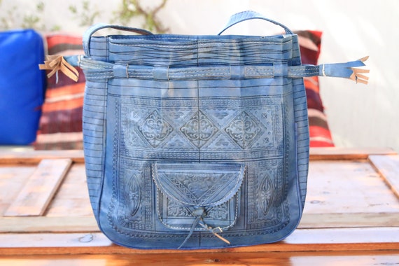 BLUE LEATHER HANDBAG - Shoulder bag - Hand tooled Satchel - Bespoke - Floral Bag - Vintage Leather Purse - 70's 60's Folk - Boho Handbag