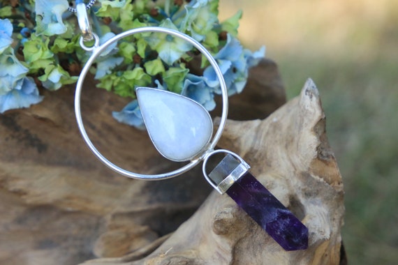 AMETHYST & MOONSTONE PENDANT - Sterling Silver - Moon - Crystal Necklace - Healing Crystal - Statement - Reiki necklace - Birthstone - Gift