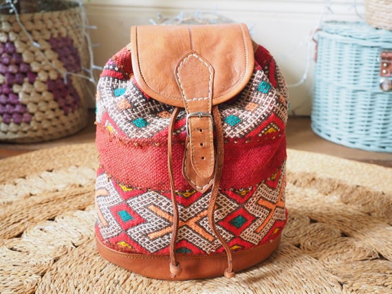 KILIM RUCKSACK - Vintage - Hippie - Boho Backpack - Aztec Bag - Moroccan - Leather rucksack - Student Gift - 70's Retro - Carpet Bag