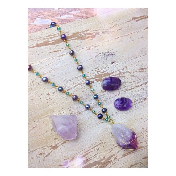 RAW AMETHYST NECKLACE - Wire Wrap Necklace - Beaded - Amethyst Jewellery - Bohemian - Healing Crystal - Birthstone - Raw Crystal Xmas Gift