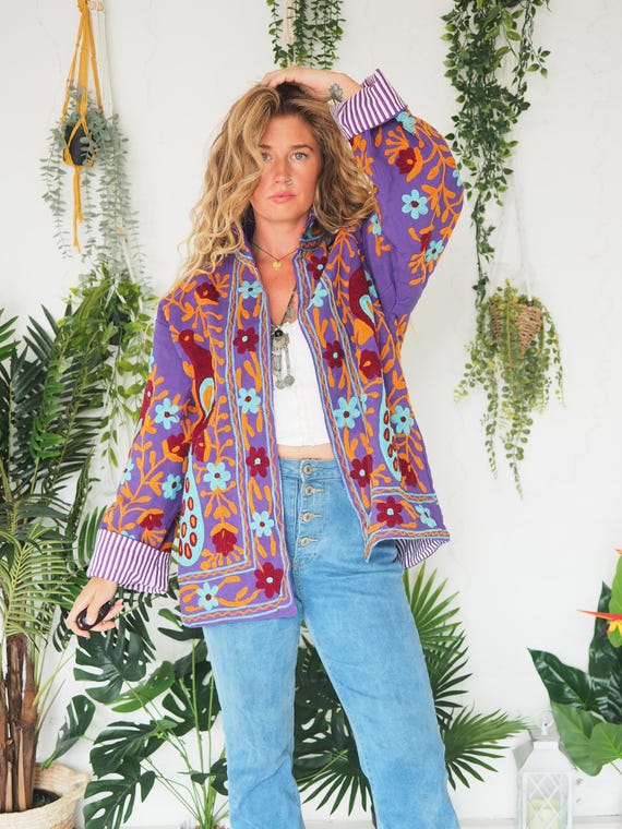 REVERSIBLE PEACOCK SHIRT - 60's 70's Vintage Blazer - Men's Hippie Festival coat - Embroidered Cotton Crop Jacket - Canvas - Unisex - Medium