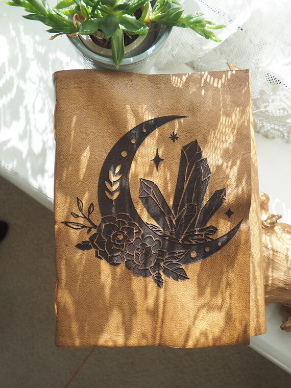 MOON CRYSTAL JOURNAL - Vintage Leather Notebook - Sketch - Artist - Photo Book - Witchcraft - Hocus Pocus - Halloween - Moon Book - Crystal