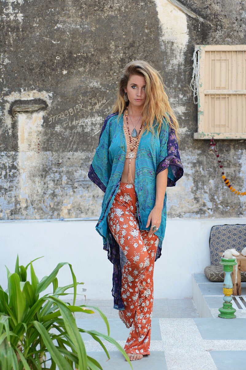 BOHEMIAN BLUE KIMONO - Waterfall Kimono - Silk Cardigan - Cover Up ...