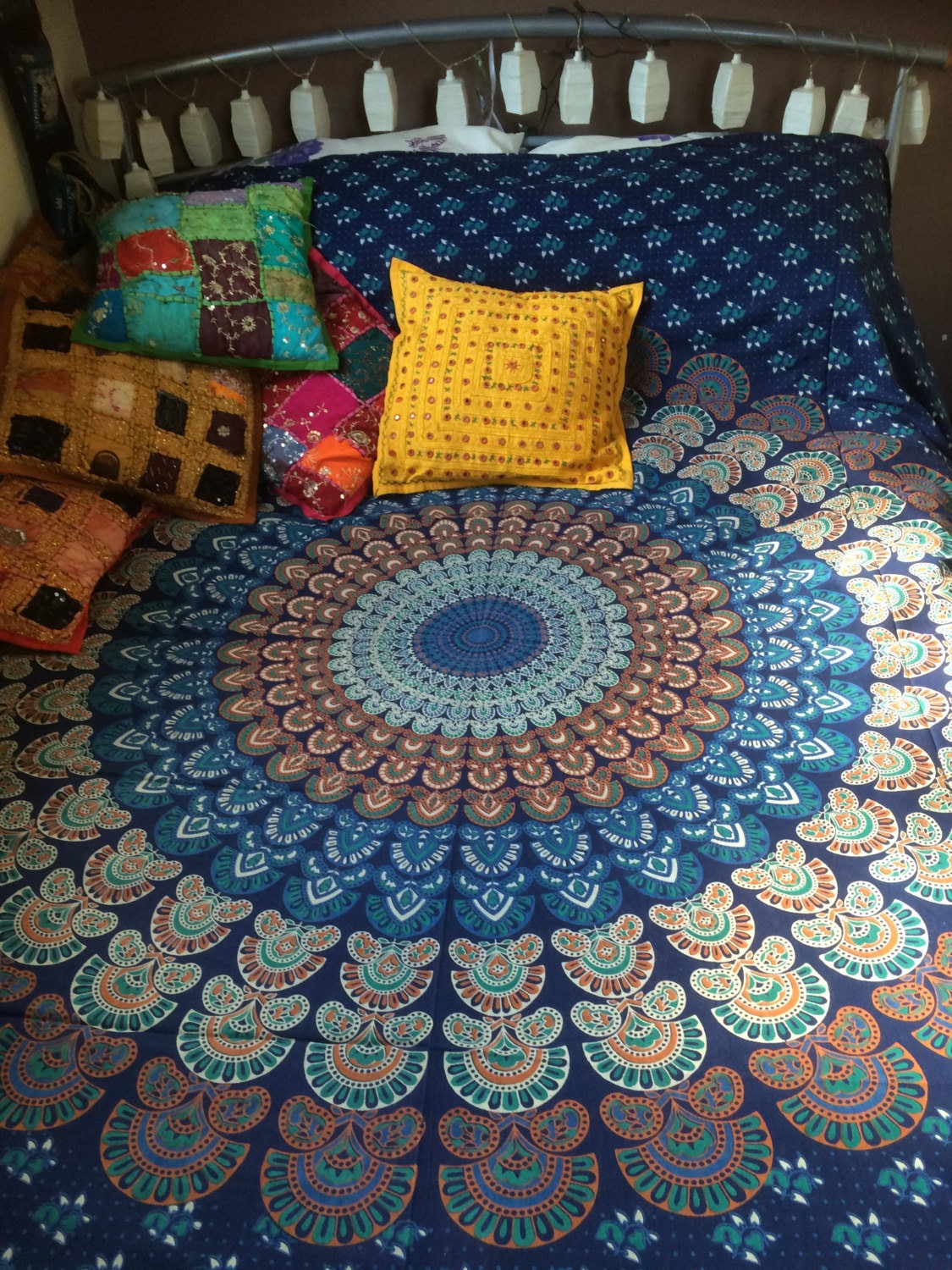 ORANGE & BLUE THROW Mandala Wall Hanging Bohemian Throw Bed Sheet