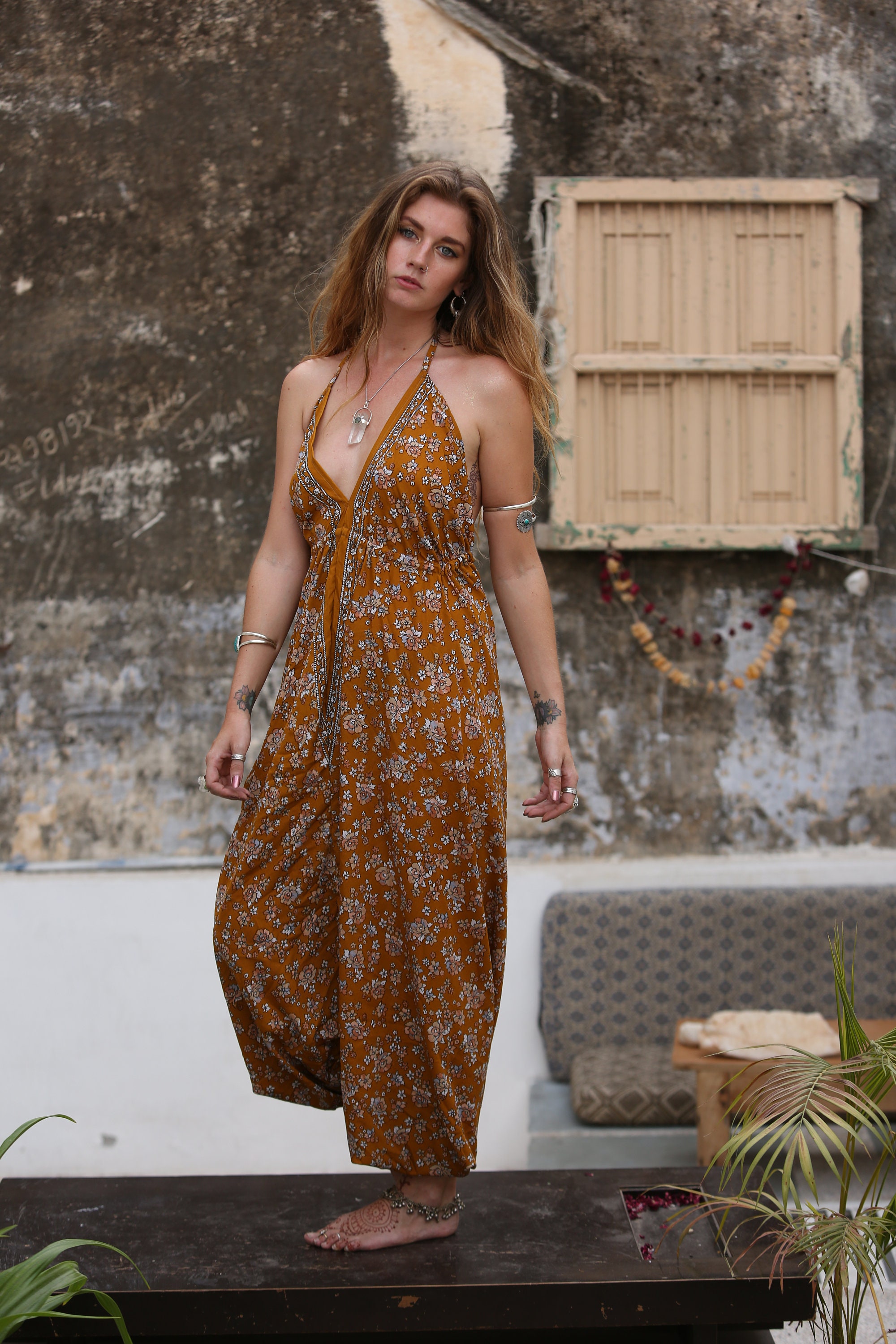 FLORAL FOLK JUMPSUIT Christening Summer Dress Vintage Style