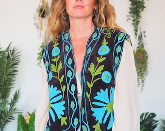 REVERSIBLE VELVET GILET - Embroidered Velvet Waistcoat – Vintage Boho Festival Vest (Uk 6-12) - Rockabilly - Spring