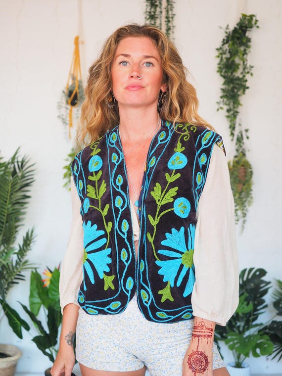 REVERSIBLE VELVET GILET - Embroidered Velvet Waistcoat – Vintage Boho Festival Vest (Uk 6-12) - Rockabilly - Spring