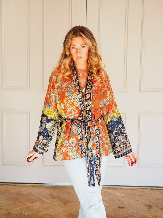 CROP KIMONO WRAP - Silk Summer jacket - Lightweight - Beach Cover up - Kaftan - Dressing Gown - Lounge wear - Vacation - Boho Holiday Robe