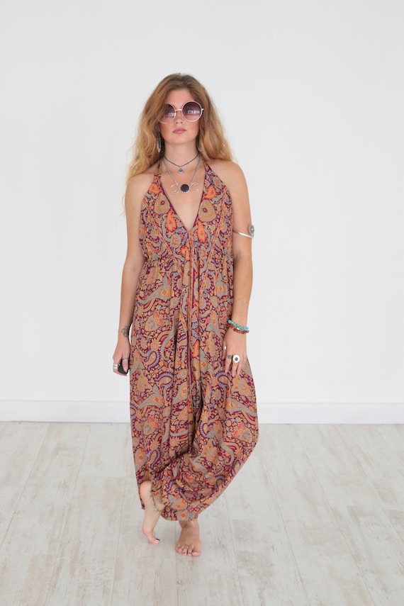 VIOLET PAISLEY JUMPSUIT - Ruby Sparrow - Vintage all in one - Backless - Harem - Beach - Up cycle - Summer - Boho - Festival Fashion Gypsy