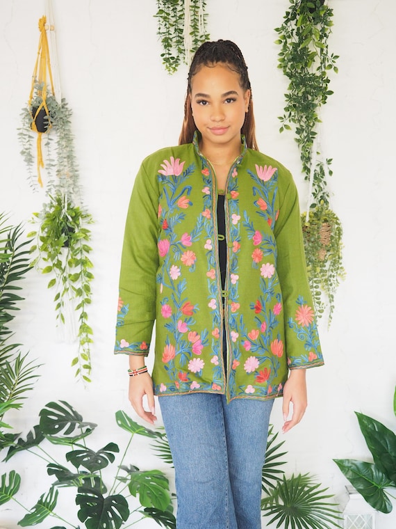 GREEN KASHMIRI TUNIC - 60's 70's Vintage Jacket - Retro Beatles - Sgt Pepper - Aari Embroidered - Cotton - Wool blend - Boho Mini Dress