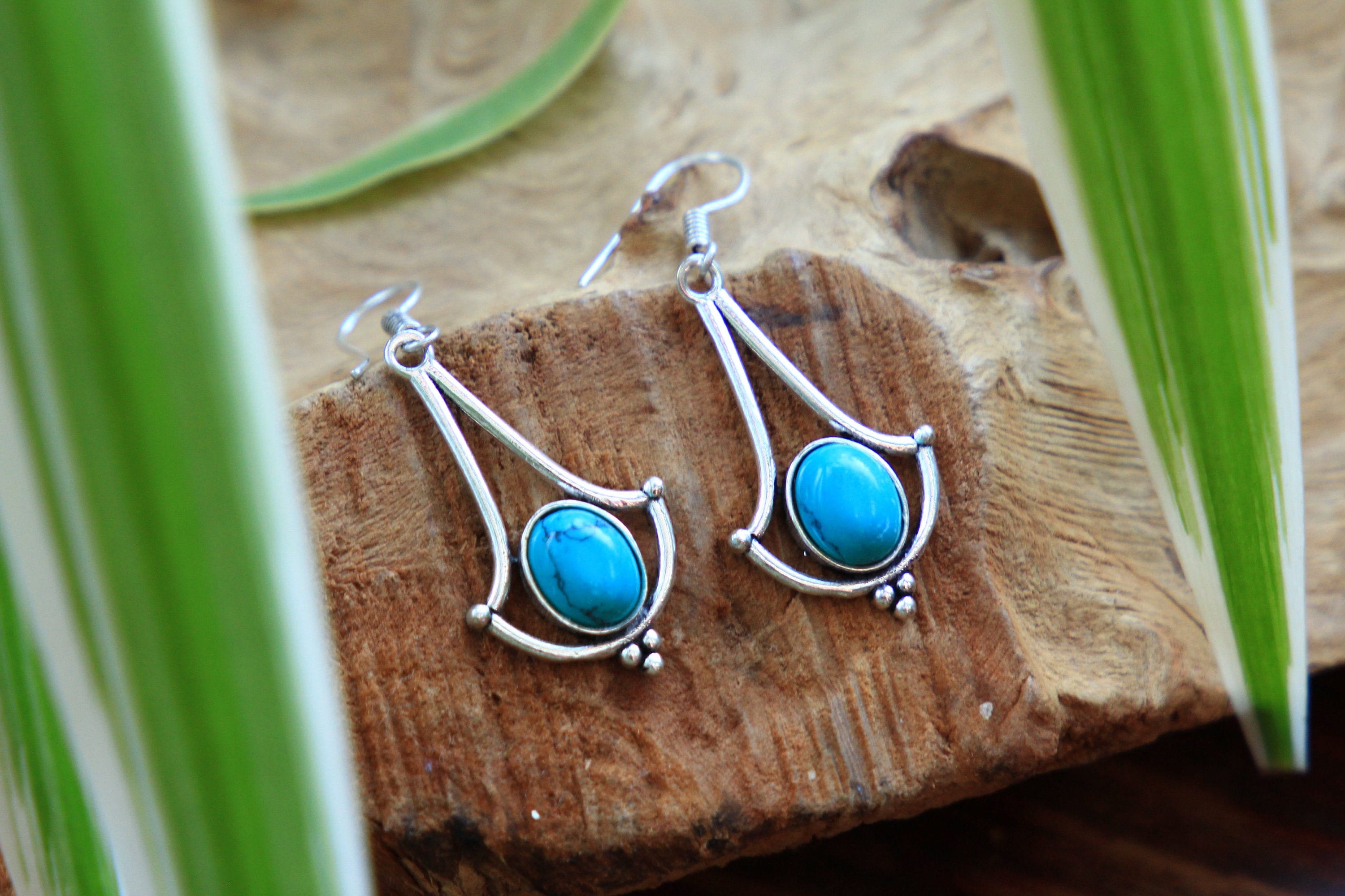 Turquoise Dangle Earrings Vintage Style Earrings Silver Plated