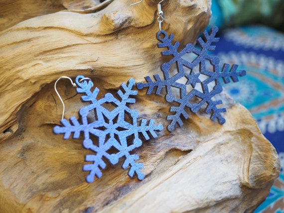 STATEMENT SNOWFLAKE EARRINGS - Winter - Winter Magic - Daisy - Hope Symbol - Hand painted - Reclaimed wood earrings - Laser cut - Eco Gift