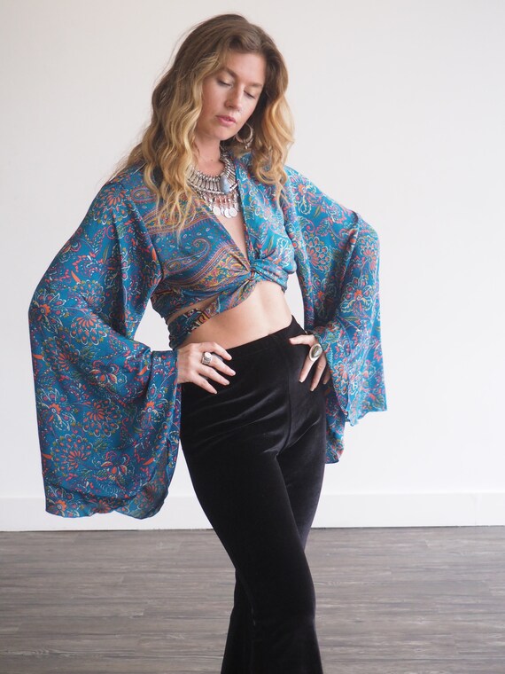 INDIAN BLUE BELL - Bell sleeve Crop top - Vintage Style - kaftan jacket - Hippie - Retro - 70s - 60'S - Recycled Silk - Retro Tie top - Boho