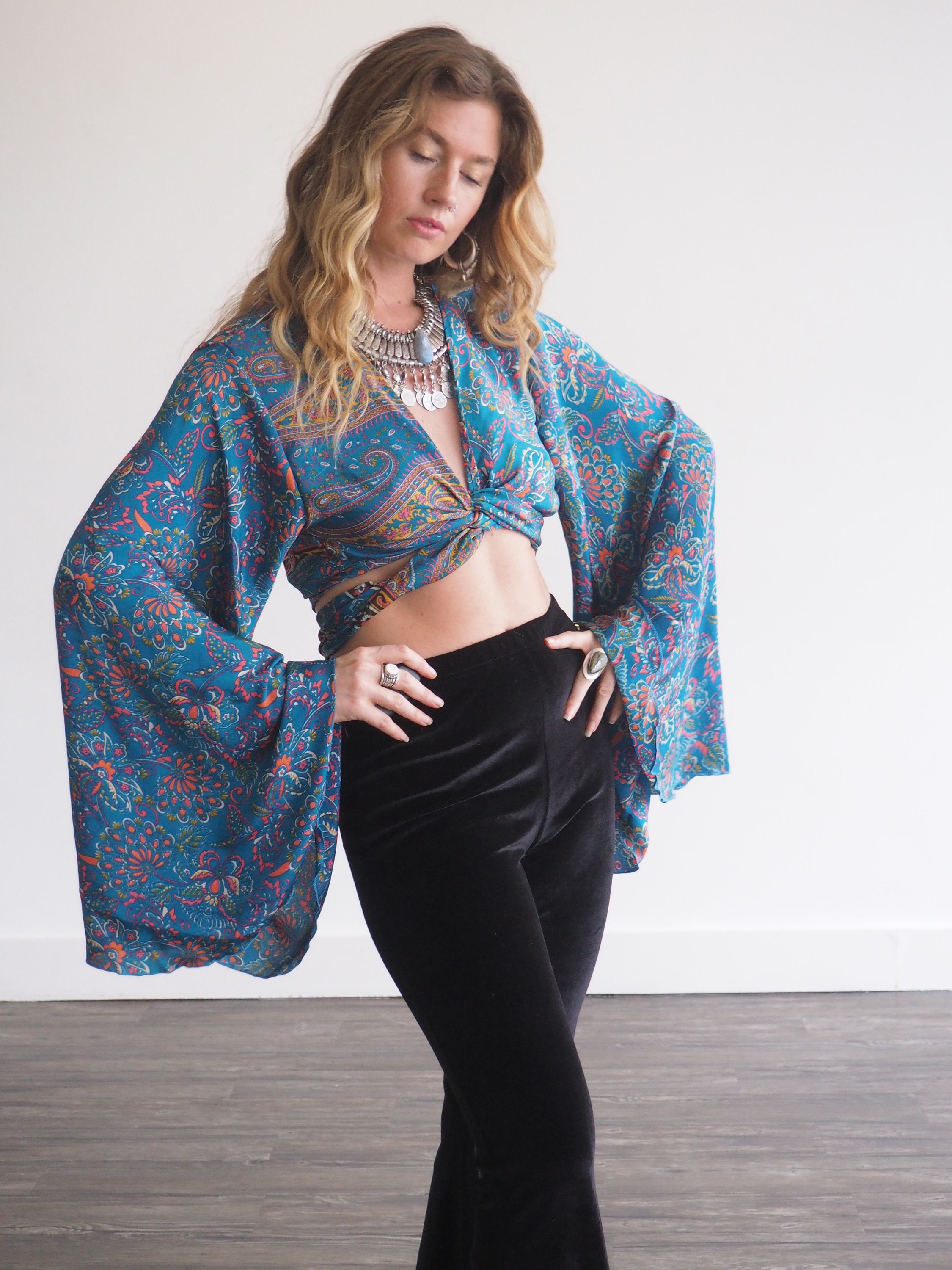 INDIAN BLUE BELL - Bell sleeve Crop top - Vintage Style - kaftan jacket -  Hippie - Retro - 70s - 60'S - Recycled Silk - Retro Tie top - Boho