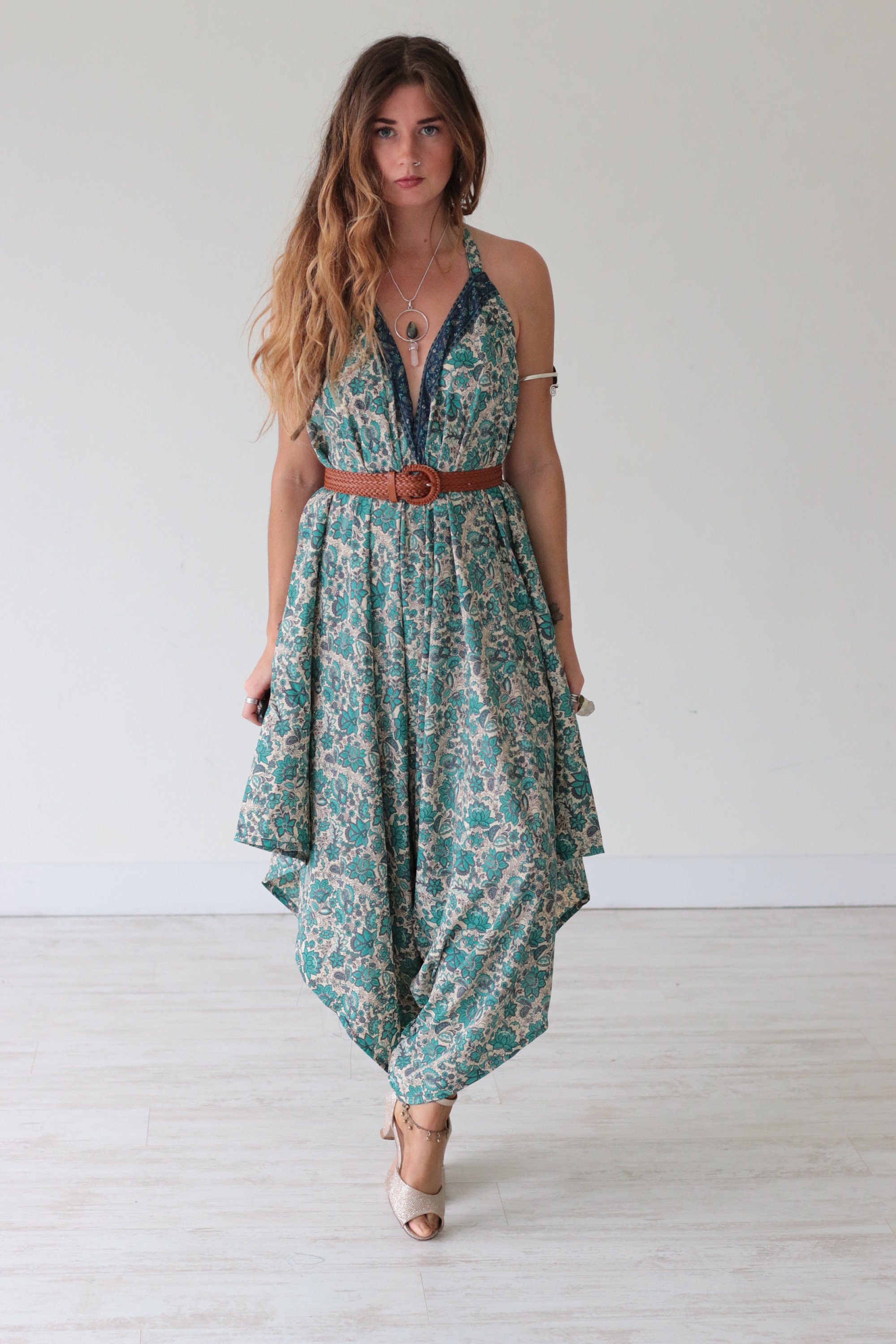 TURQUOISE DREAM JUMPSUIT - Recycled silk - Festival - Backless - Boho ...