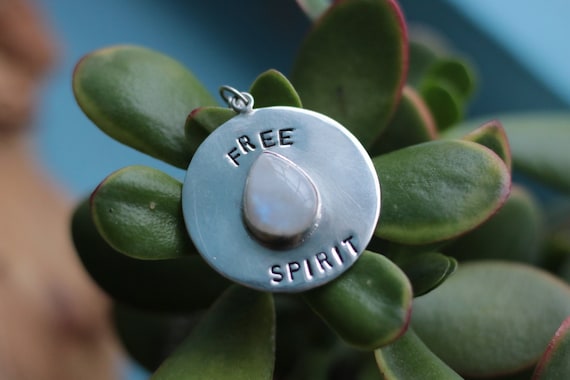 FREE SPIRIT PENDANT - Moonstone - Large Stamped Sterling silver Necklace - Dog Tag - Spiritual - Healing Crystal - Bohemian - Wanderlust