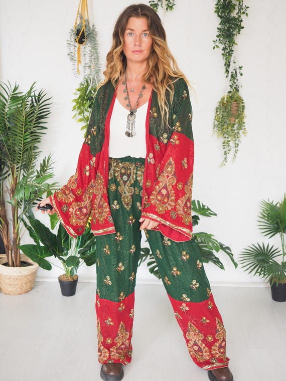 SARI TWO PIECE - Kimono & Trouser set - Sequin - Floaty Long Trousers - Co-ord pant set - 60's Hippie Vintage 1970's
