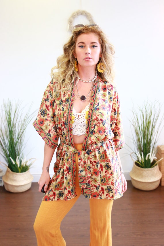 BOHO PAISLEY CROP - Ruby Sparrow Bell sleeve - Vintage Fabric - Peasant Top - Up cycle kaftan - Crop top - Hippie - Winter Wrap - Tie Top