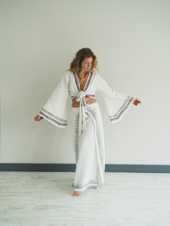 WHITE GODDESS SET - Cotton Bell sleeve & Trouser set - Co-ord set - Thai Fisherman pants - Wrap top - Free size matching set - Yoga ceremony