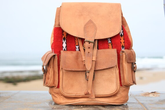 XL VINTAGE RUCKSACK - Large Leather Rucksack - 60's / 70's Backpack - Aztec - Vintage Moroccan Fabric - Student School bag - Travel bag