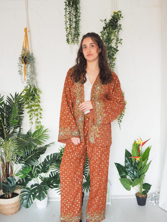 SEQUIN 2 PIECE SET - Indian Silk Co-ord Set – Kimono & Trousers – Embellished Mirror Work – Festival Boho Two Piece - Summer Wedding Outfit