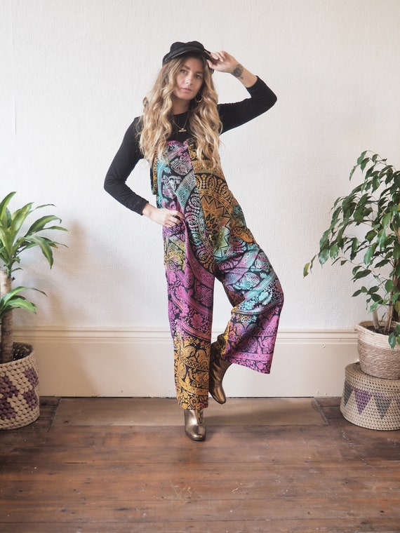 TIEDYE MANDALA DUNGAREES - Tie Dye Ruby Sparrow Jumpsuit - Wide leg - Boho Flares - Organic Cotton - Block Print - Limited Edition - Ethical