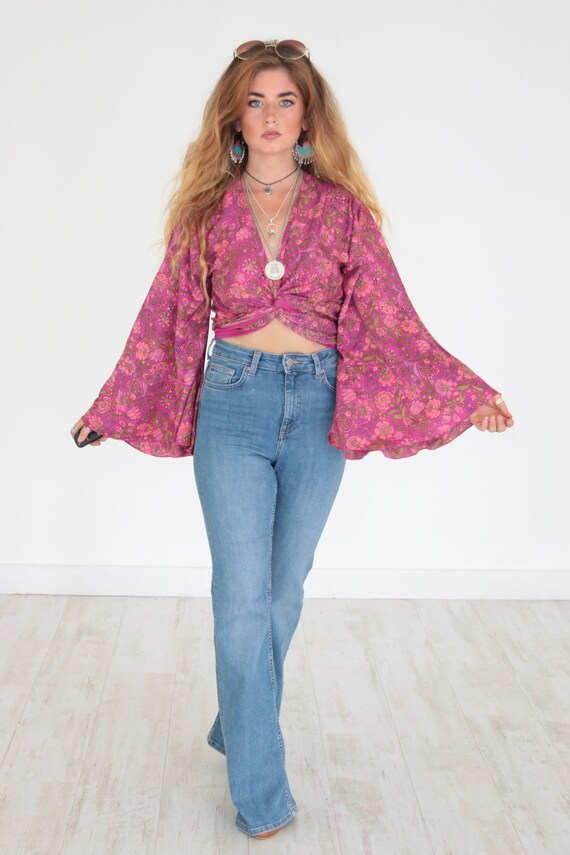 INDIAN PINK CROP - Bell sleeve top - Paisley - Vintage Fabric - Retro - Bohemian - Kimono - Up cycle - Summer - Kaftan - Silk Blend Crop Top