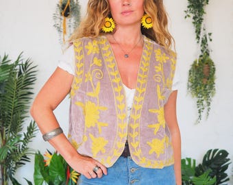 REVERSIBLE VELVET WAISTCOAT - Re-worked Cotton Vest - 60's 70's - Embroidered Festival Gilet - Cottagecore - 90's - Unisex - Western