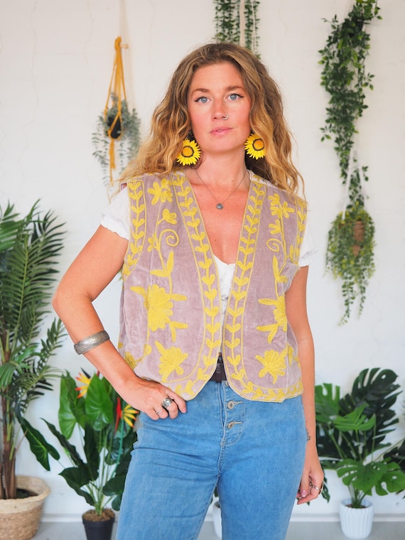 REVERSIBLE VELVET WAISTCOAT - Re-worked Cotton Vest - 60's 70's - Embroidered Festival Gilet - Cottagecore - 90's - Unisex - Western