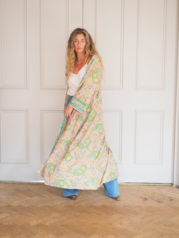 RHUBARB SILK KIMONO - Paisley print Kimono - Floor length Jacket - Cape - Kaftan - Vintage inspired Dressing Gown - Bohemian Wrap Dress