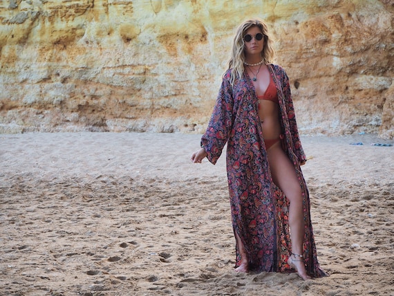 FULL LENGTH KIMONO - Long Flowing Cape - Cover Up - Kaftan - Vintage - Dressing Gown - Wrap Around Dress - House Coat - 60's Gypsy