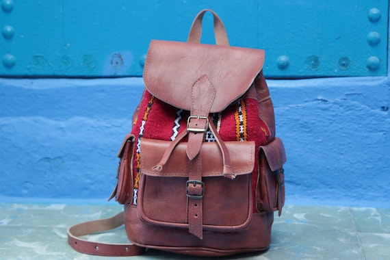 XL VINTAGE RUCKSACK - Large Leather Rucksack - 60's / 70's Backpack - Aztec - Vintage Moroccan Fabric - Student School bag - Travel bag