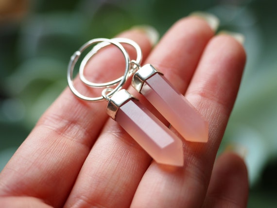 STERLING SILVER EARRINGS - Sterling silver - Rose Quartz - Gemstone Earrings - Birthstone - Polished Healing Crystal - Metaphysical Jewelry