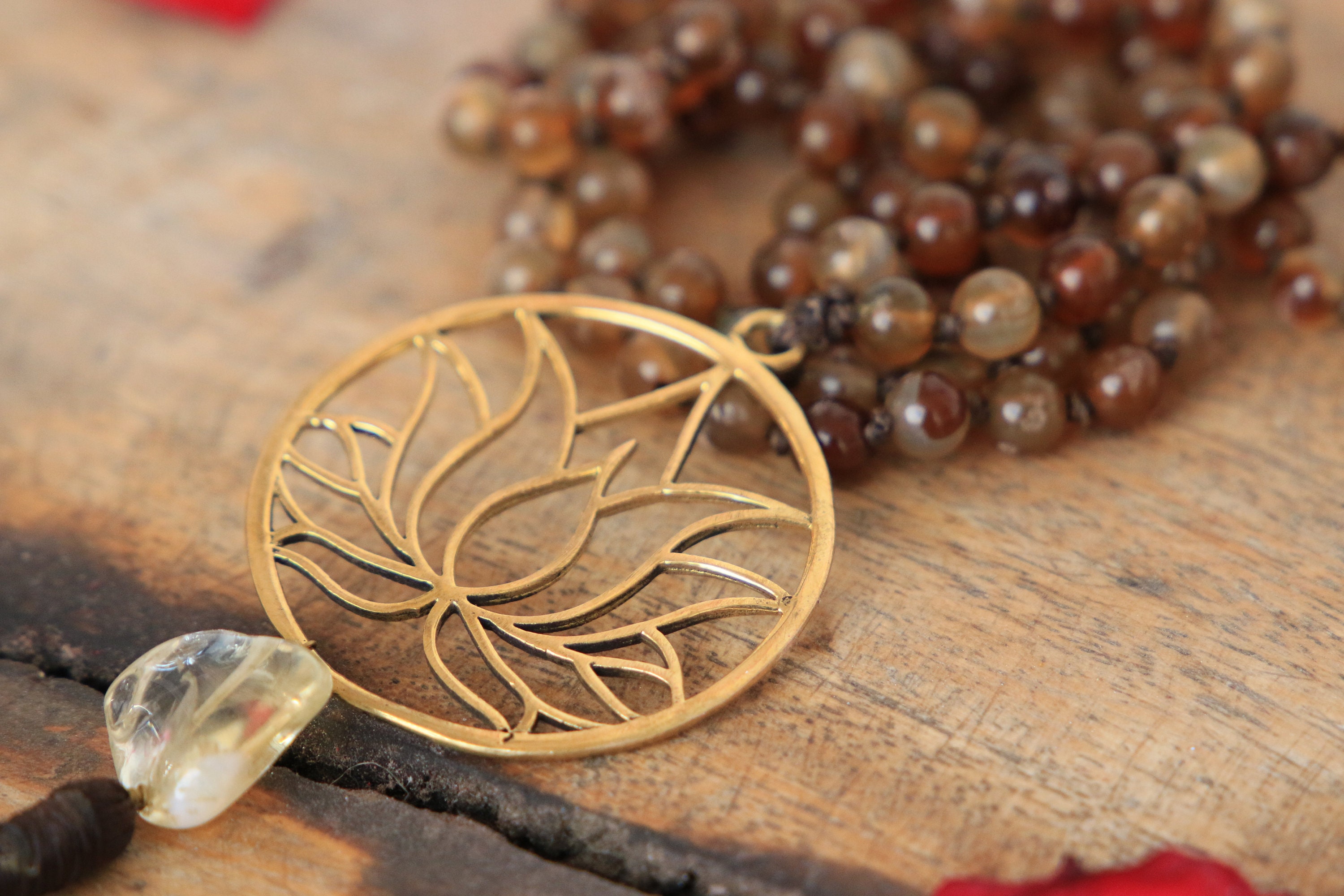 108 Natural Amethyst & Lotus Flower Charm Mala Bead Necklace