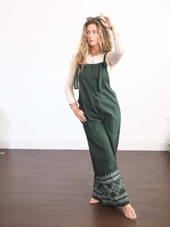 FOREST GREEN OVERALLS - Wide leg Jumpsuit - Ruby Sparrow Dungarees - Thick Organic Cotton - linen - Block Print - Summer winter - Open Back