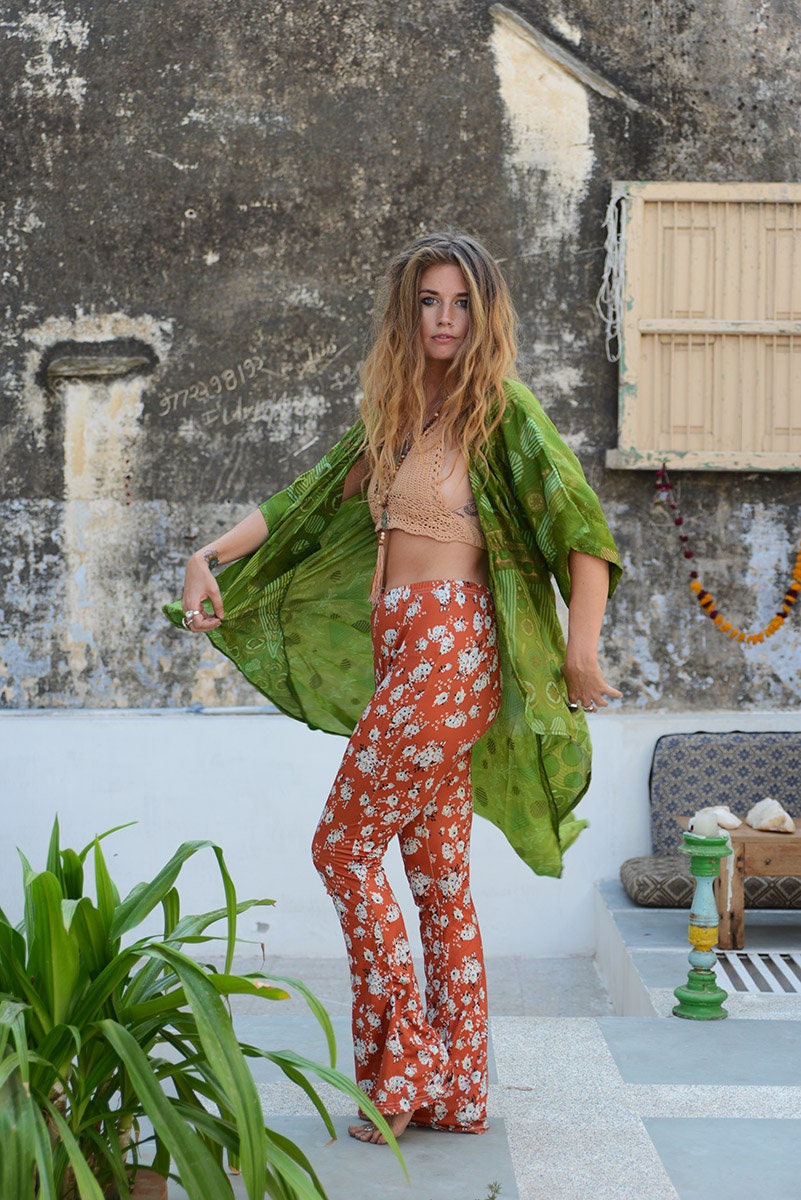 GREEN GLITTER KIMONO Asymmetrical Cover Up Beach Kaftan