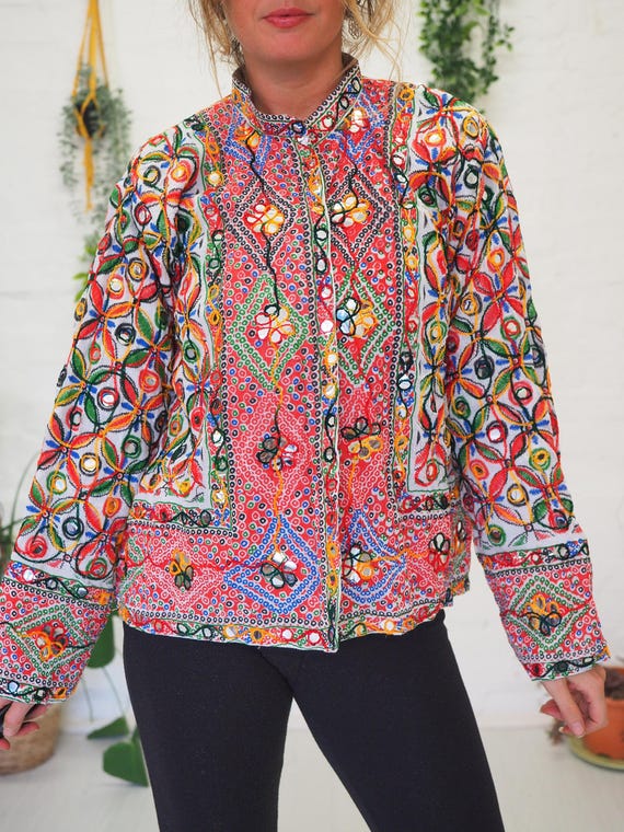 INDIAN MIRROR JACKET - 60's 70's Vintage Fabric - Retro - Beatles - Cotton Lightweight coat - Sequin Embroidery Bohemian Winter Jacket