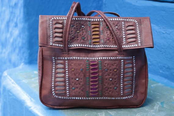 LEATHER TOOLED PURSE - Luxury Vintage Handbag - Hand tooling - Leather bag - Carry case - Laptop - Vintage - Folk - 60's - 70's - Bespoke