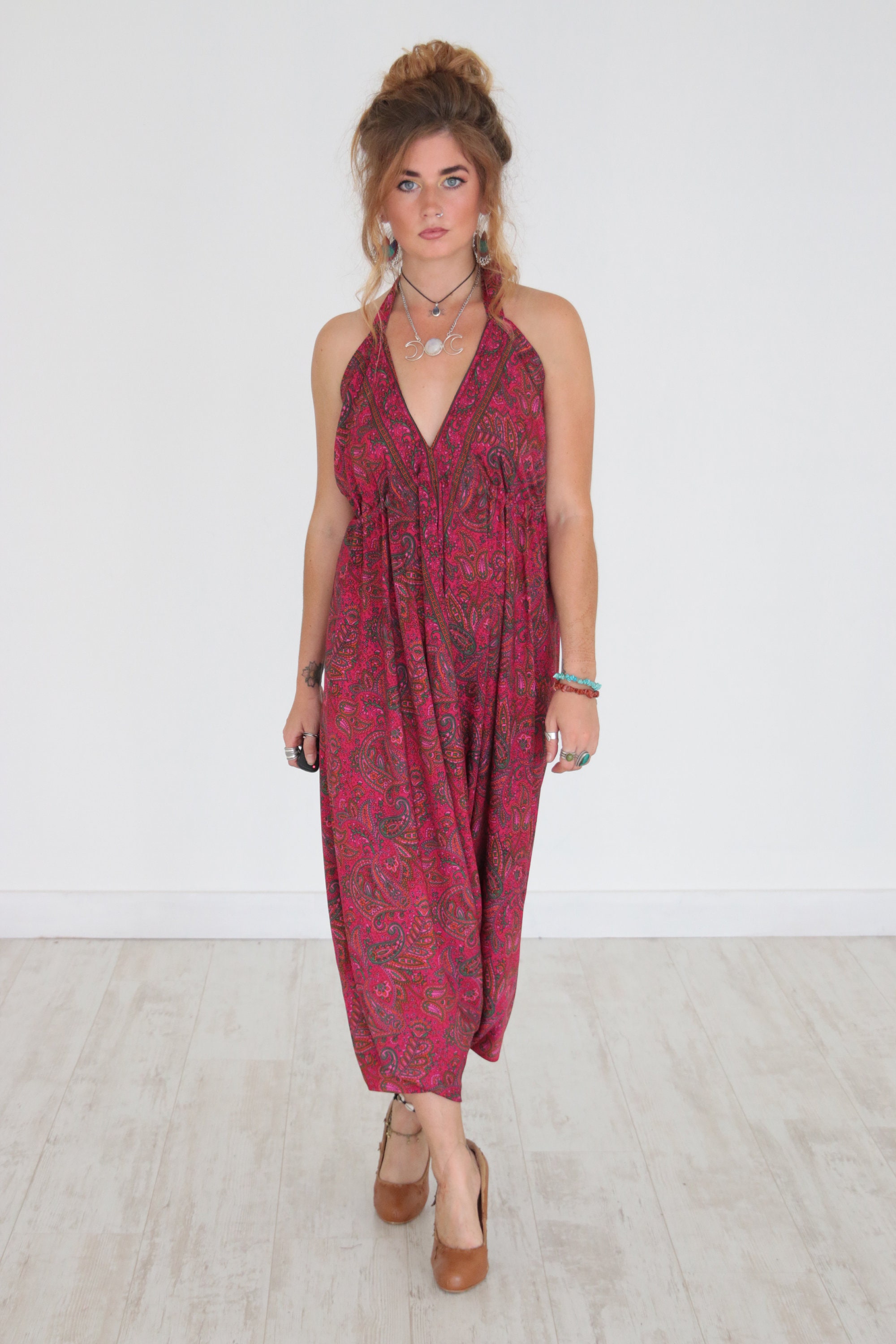 HAREM SILK JUMPSUIT - Pink Red Paisley - Super Soft - Vintage Sari Silk ...