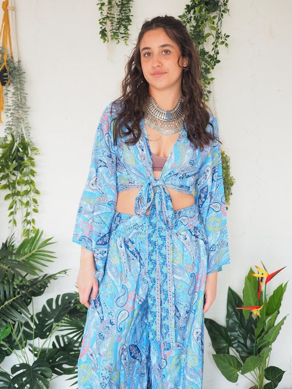 PAISLEY SILK SET - 2 Piece Viscose Silk Blend Trouser set - Bell sleeve Jumpsuit - Flared Palazzo pants - Wide leg - Co Ord - 60's 70's